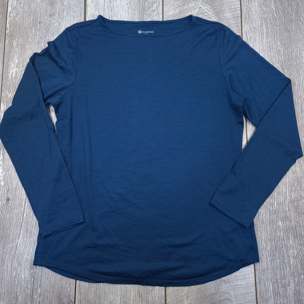 Cloudveil Long Sleeve Top Womens Large Blue Merino Wool Blend Boat Neck Shirt